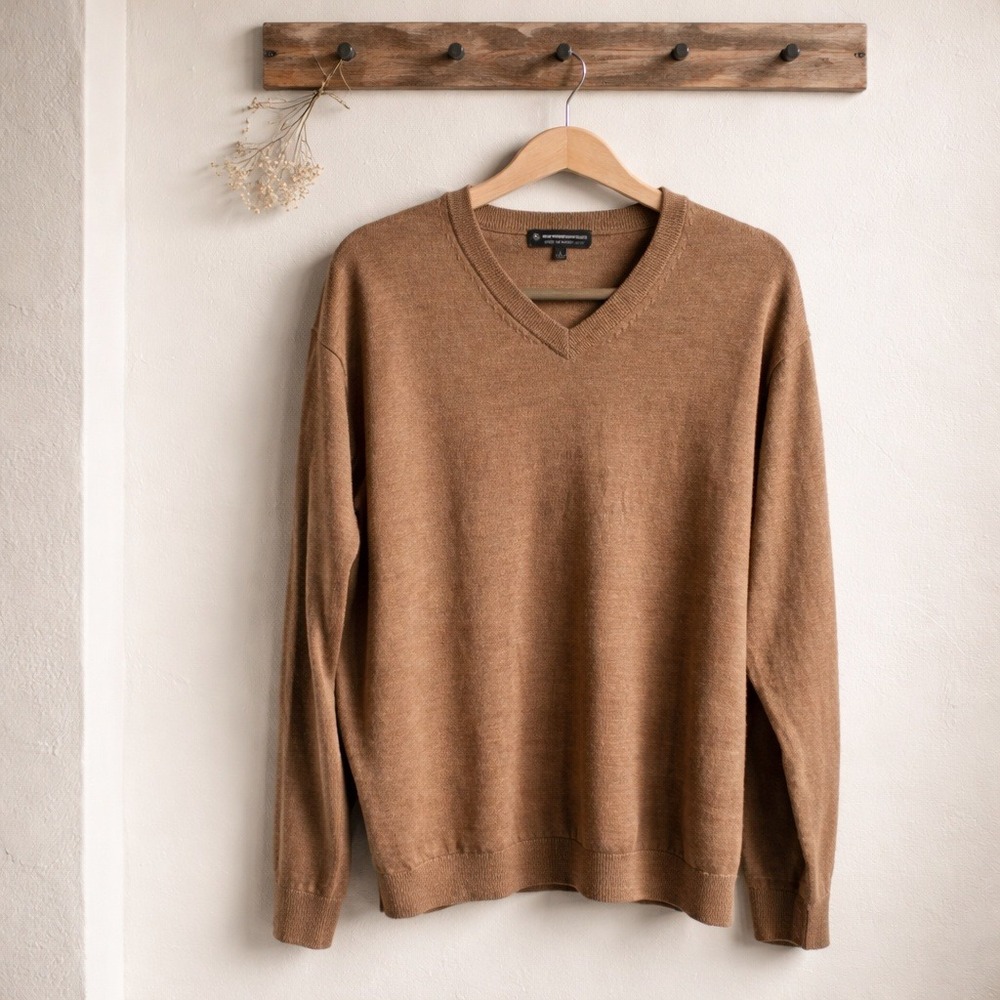 Hart Schaffner Marx‎ Mens L Brown 100% Extra Fine Merino Wool V-Neck Sweater